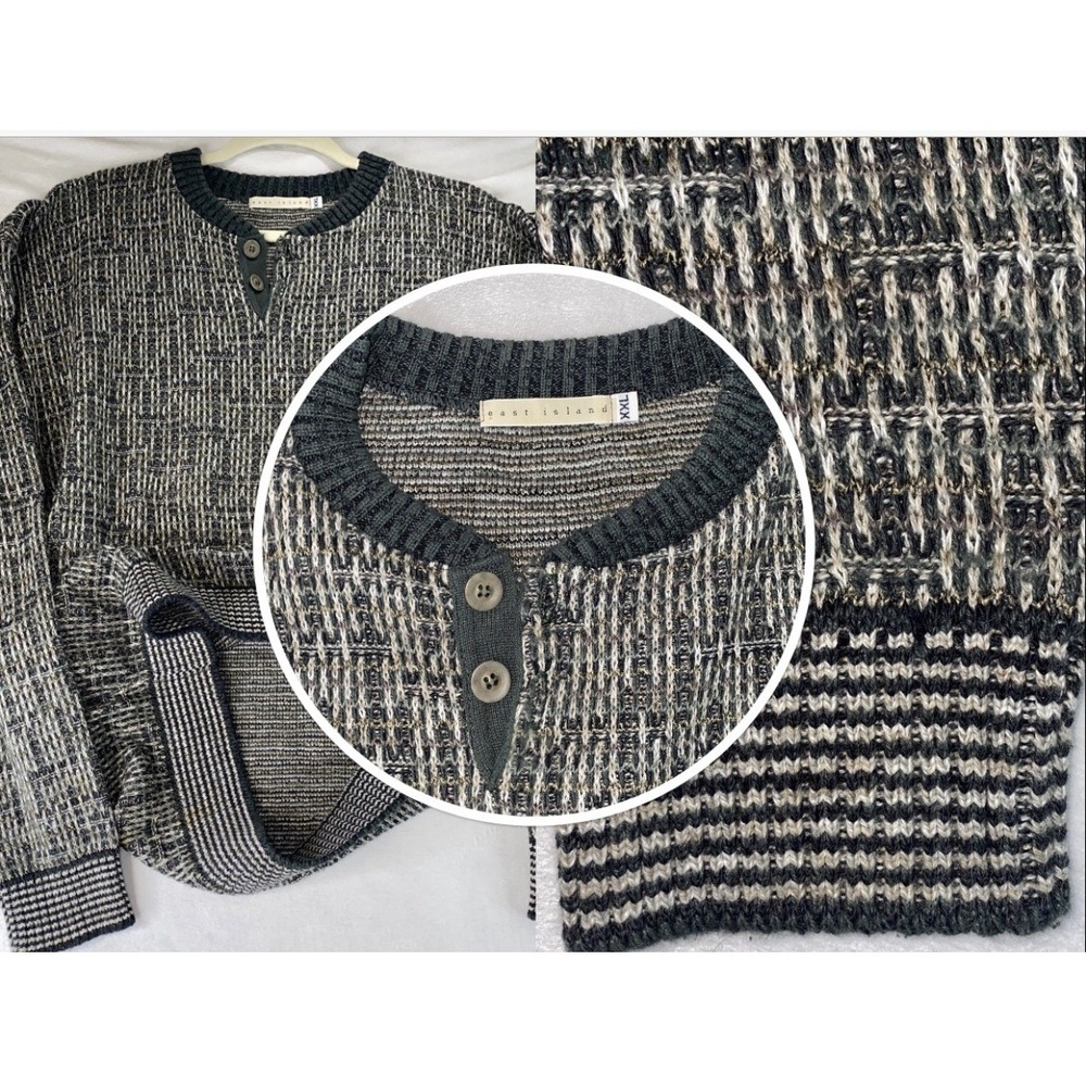 Crewneck Henley Textured Knit Sweater Mens XXL Green Earthy Tones Grandpa Crosby